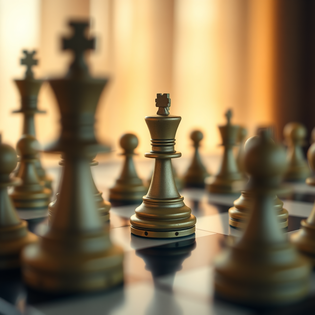 A close-up shot of a chess board with key pieces highlighted, symbolizing strategic planning and calculated moves in reputation management. Soft, focused lighting with a shallow depth of field to emphasize the strategic aspect. 4K resolution.
