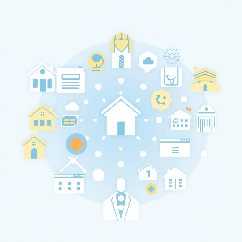 A collage featuring icons representing home services, healthcare, and hospitality overlapping a central point of focus, symbolizing tailored reputation management solutions. Use a clean, modern design with consistent color palettes. 4k resolution.