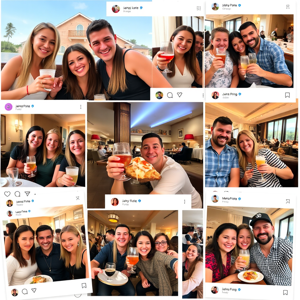 A collage of social media posts featuring happy guests enjoying various experiences at a hotel or restaurant. The collage should be visually appealing and showcase the positive atmosphere. 4K resolution, bright colors.