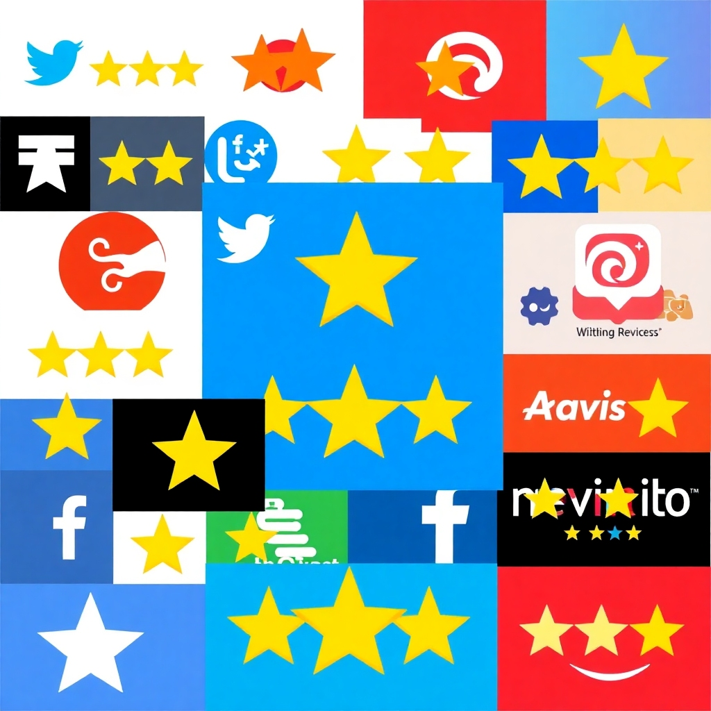 A collage of various logos for social media and review sites, all with high star ratings. The overall style should be celebratory and optimistic