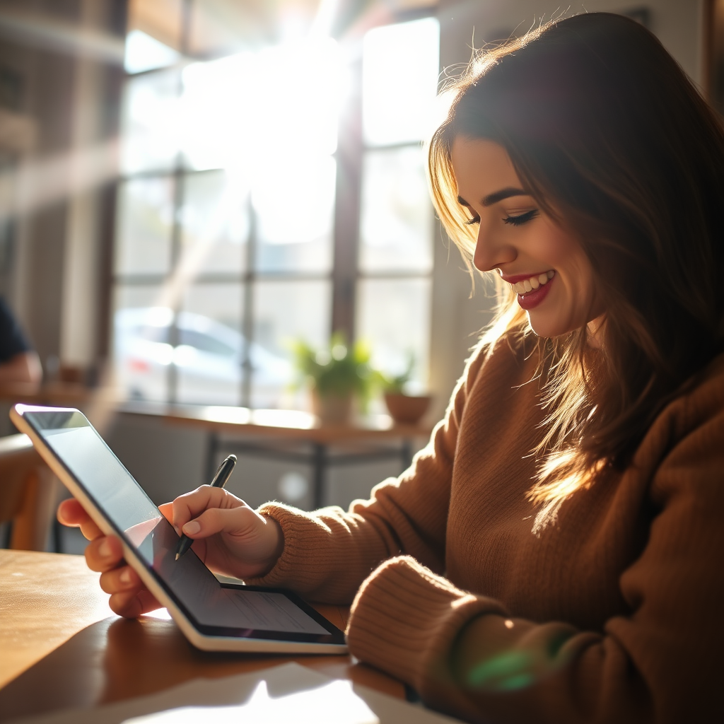 A customer happily writing a review on their tablet. The scene is set in a comfortable and inviting environment. Sunlight streams through the window, highlighting the positive atmosphere.