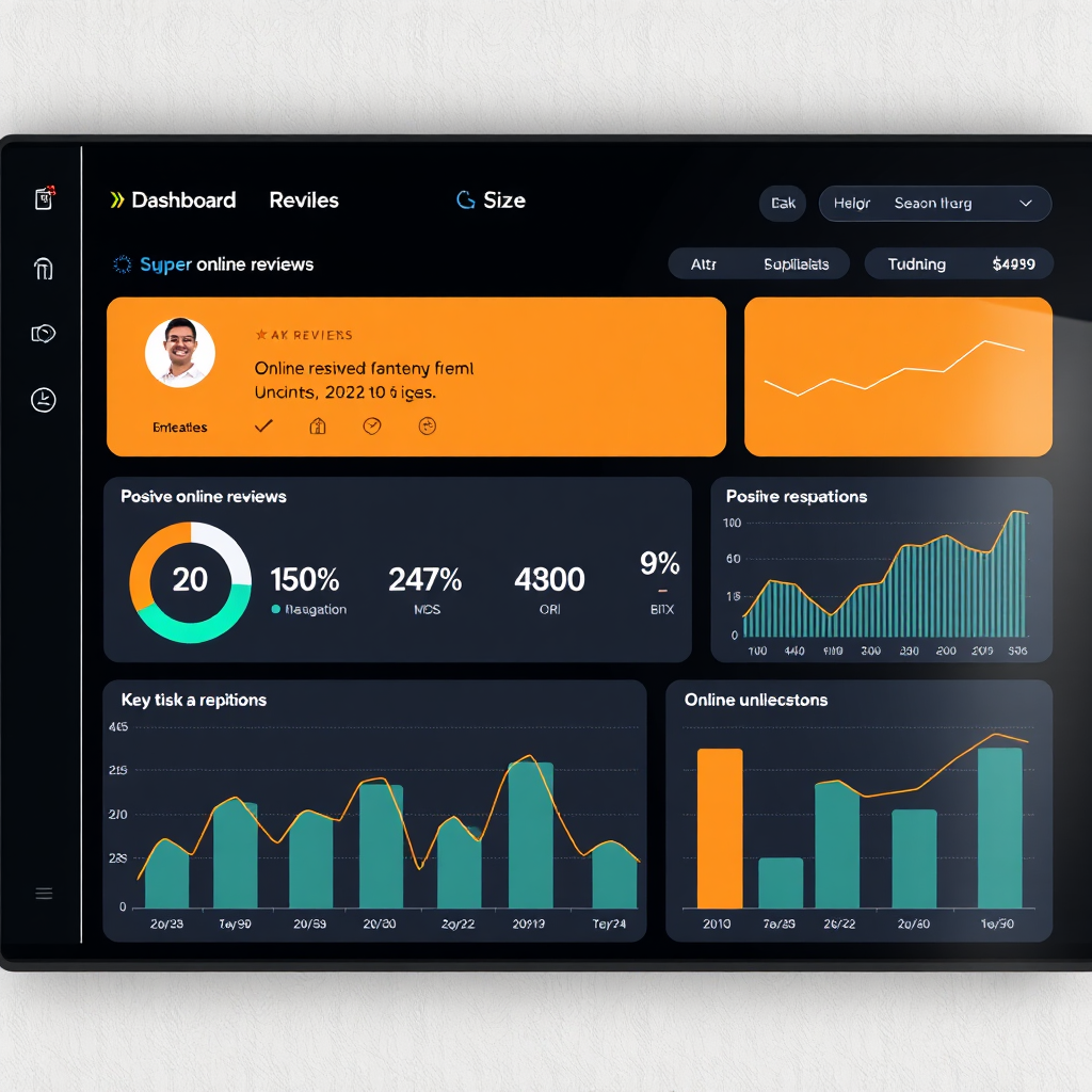 A digital dashboard displaying positive online reviews and key performance indicators (KPIs) related to online reputation. The dashboard should be clean and easy to read, with graphs showing upward trends. Soft, professional lighting, 4K resolution, photorealistic.