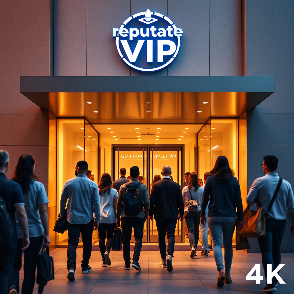 A diverse group of people walking towards a building with the 'Reputable VIP' logo above the entrance, symbolizing increased client traffic and business growth. Warm, inviting lighting with a focus on positive energy. 4k resolution.