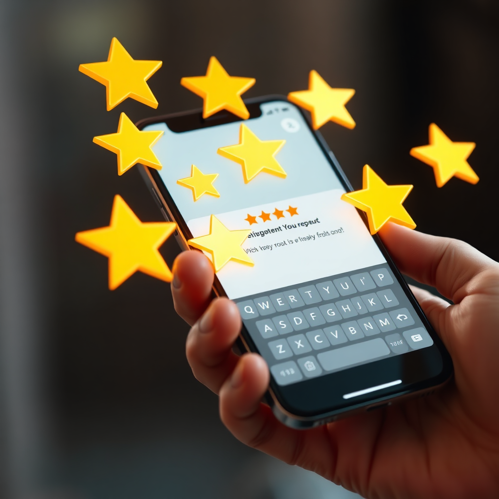 A hand holding a smartphone with a positive review being typed. Surrounding the phone are multiple glowing stars representing positive feedback. Warm, inviting colors, photorealistic, 4K resolution.