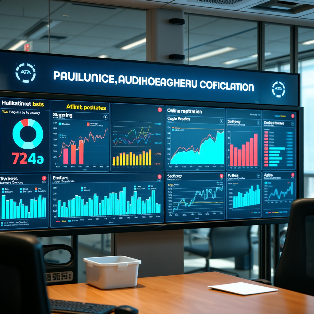 A high-tech control panel displaying real-time data related to a company's online reputation. The panel includes charts, graphs, and alerts. The scene is set in a modern office environment.