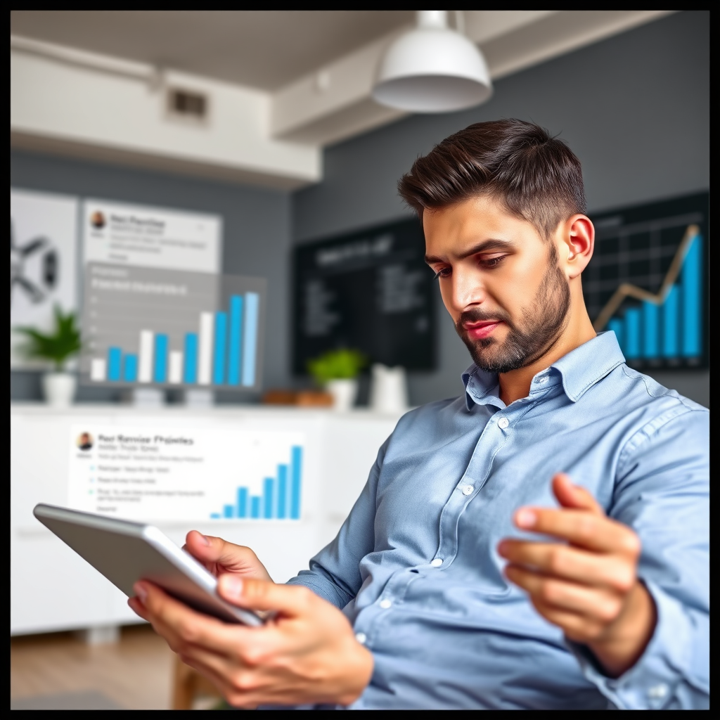 A home service business owner attentively monitoring online reviews on a tablet. The scene is set in a modern office environment, with clean lines and professional decor. Charts and graphs showing positive reputation growth are subtly displayed in the background. The color palette is primarily blues and grays to convey professionalism and competence. The camera angle is a medium shot focusing on the owner's focused expression.