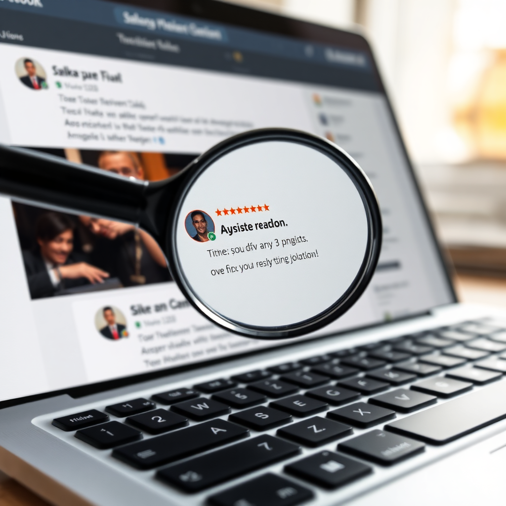A magnifying glass hovering over a laptop screen displaying online reviews and social media mentions. Focus on clarity and detail to convey thoroughness. 4k resolution.