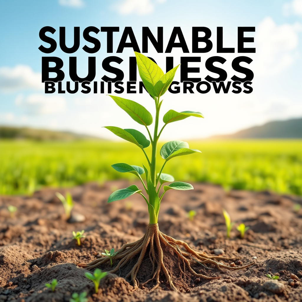 A metaphorical image of a growing plant, representing sustainable business growth. The plant is strong and healthy, with deep roots and vibrant leaves. The background is a sunny landscape, symbolizing opportunity and prosperity. The color palette consists of earthy tones and shades of green. Technical specs: High resolution, 3D rendering.