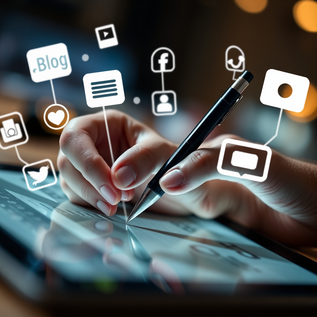 A pen writing on a tablet, with various icons representing different types of content (blog posts, social media updates, videos) floating around. Focus on creativity and innovation. 4k resolution.