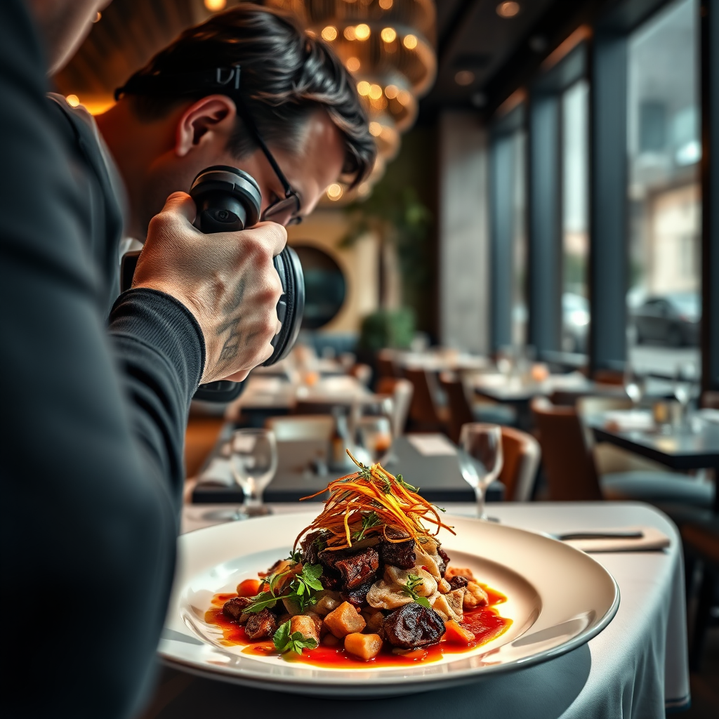 A photographer taking a stunning photo of a beautifully plated dish in a high-end restaurant. The lighting is dramatic, highlighting the textures and colors of the food. Photorealistic, 4K resolution.