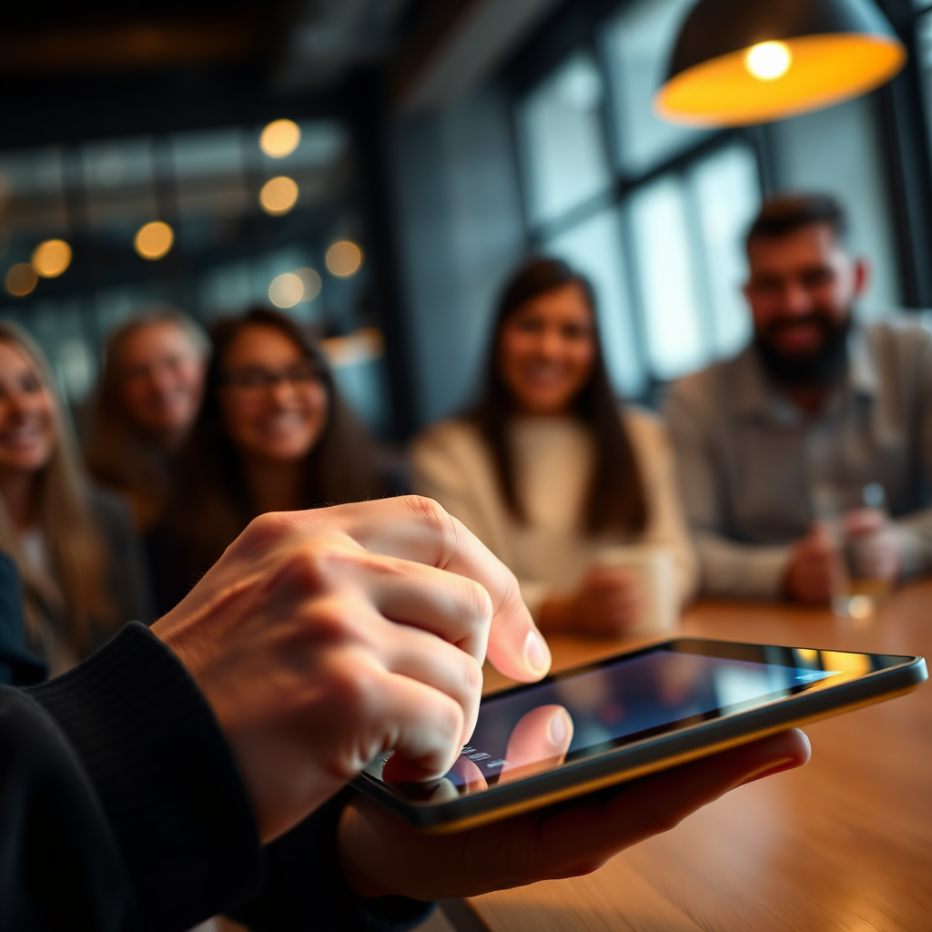  A photorealistic close-up of a hand tapping a star rating on a tablet screen, with a blurred background showing a diverse group of happy customers. Focus on the tactile interaction and the positive expression. Warm, inviting lighting. 4k resolution.