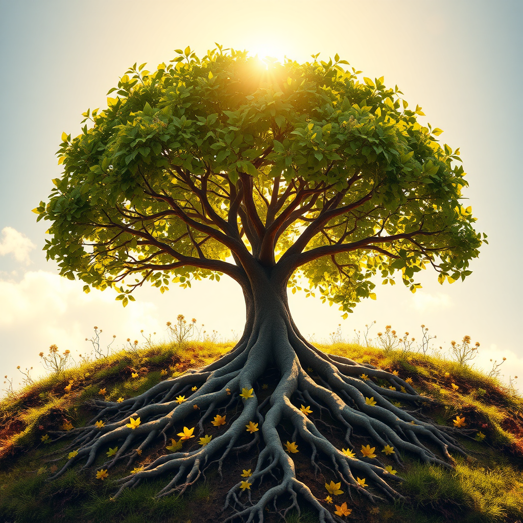 A photorealistic image depicting a flourishing tree whose roots are interwoven with glowing customer reviews. The tree's branches reach towards a bright sky, symbolizing growth and success stemming from a strong foundation of positive feedback. The lighting is warm and inviting, with sunlight filtering through the leaves. The color palette is primarily green and gold, representing growth and prosperity. The camera angle is a medium shot, capturing both the roots and the branches. Texture details are realistic, from the bark of the tree to the texture of the reviews. Style Reference: A blend of nature photography and digital art. Technical Specs: 4K Resolution, High Quality.