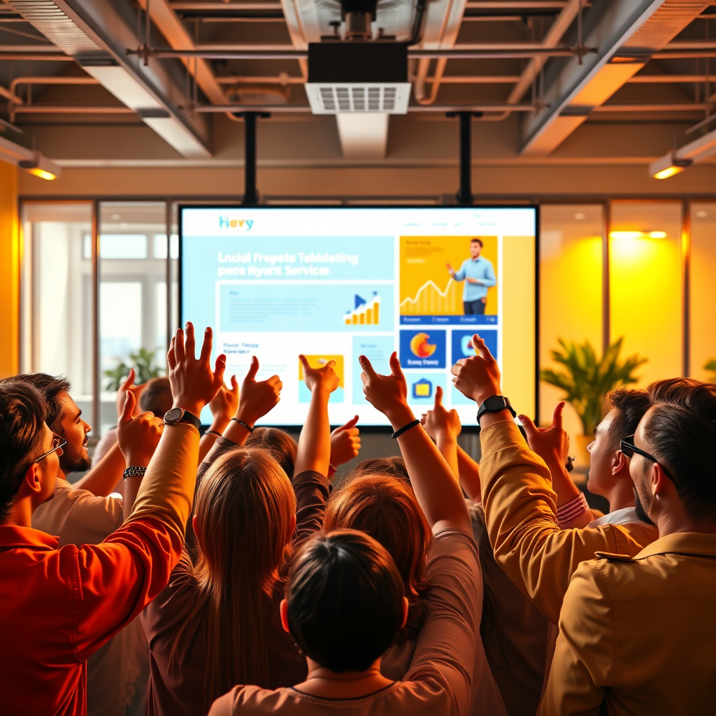 A photorealistic image depicting a crowd of people giving thumbs up to a product or service being showcased on a large screen. The people are smiling and engaged, reacting positively to the content. The background is a modern office setting with a relaxed and collaborative atmosphere. The lighting is warm and inviting, emphasizing the positive emotions of the crowd. The color palette is primarily orange and yellow, representing happiness and enthusiasm. The camera angle is a medium shot, capturing both the screen and the people. Style Reference: A blend of lifestyle photography and social media marketing illustration. Technical Specs: 4K Resolution, High Quality.