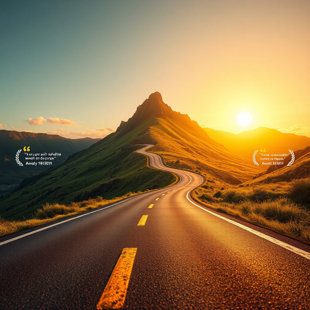 A photorealistic image depicting a winding road leading up to a mountain peak bathed in golden sunlight. Along the road are milestones marked with positive customer reviews and awards. The landscape is lush and green, symbolizing growth and opportunity. The color palette is warm and inviting, with a focus on gold and green. The camera angle is a low angle, emphasizing the height and distance of the road. Texture details are realistic, from the asphalt of the road to the texture of the mountainside. Style Reference: Landscape photography with a touch of motivational imagery. Technical Specs: 4K Resolution, High Quality.