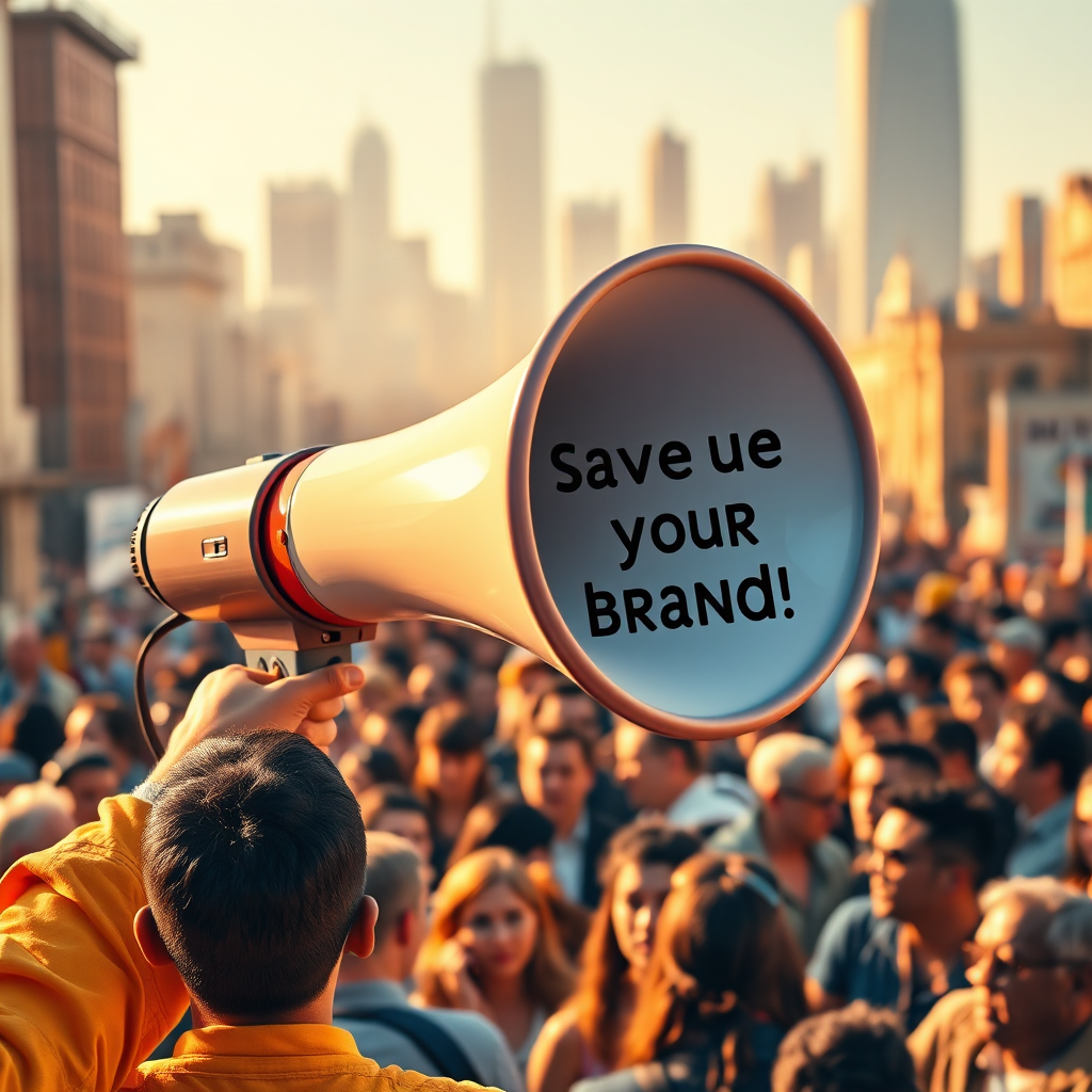 A photorealistic image depicting a megaphone broadcasting a message to a crowd of people. The message is clear and concise, highlighting the value of the brand. The crowd is diverse and engaged, listening attentively. The background is a vibrant cityscape, symbolizing the reach and impact of the message. The lighting is warm and inviting, emphasizing the positive response of the crowd. The color palette is primarily orange and yellow, representing energy and enthusiasm. The camera angle is a medium shot, capturing both the megaphone and the crowd. Style Reference: A blend of street photography and marketing illustration. Technical Specs: 4K Resolution, High Quality.