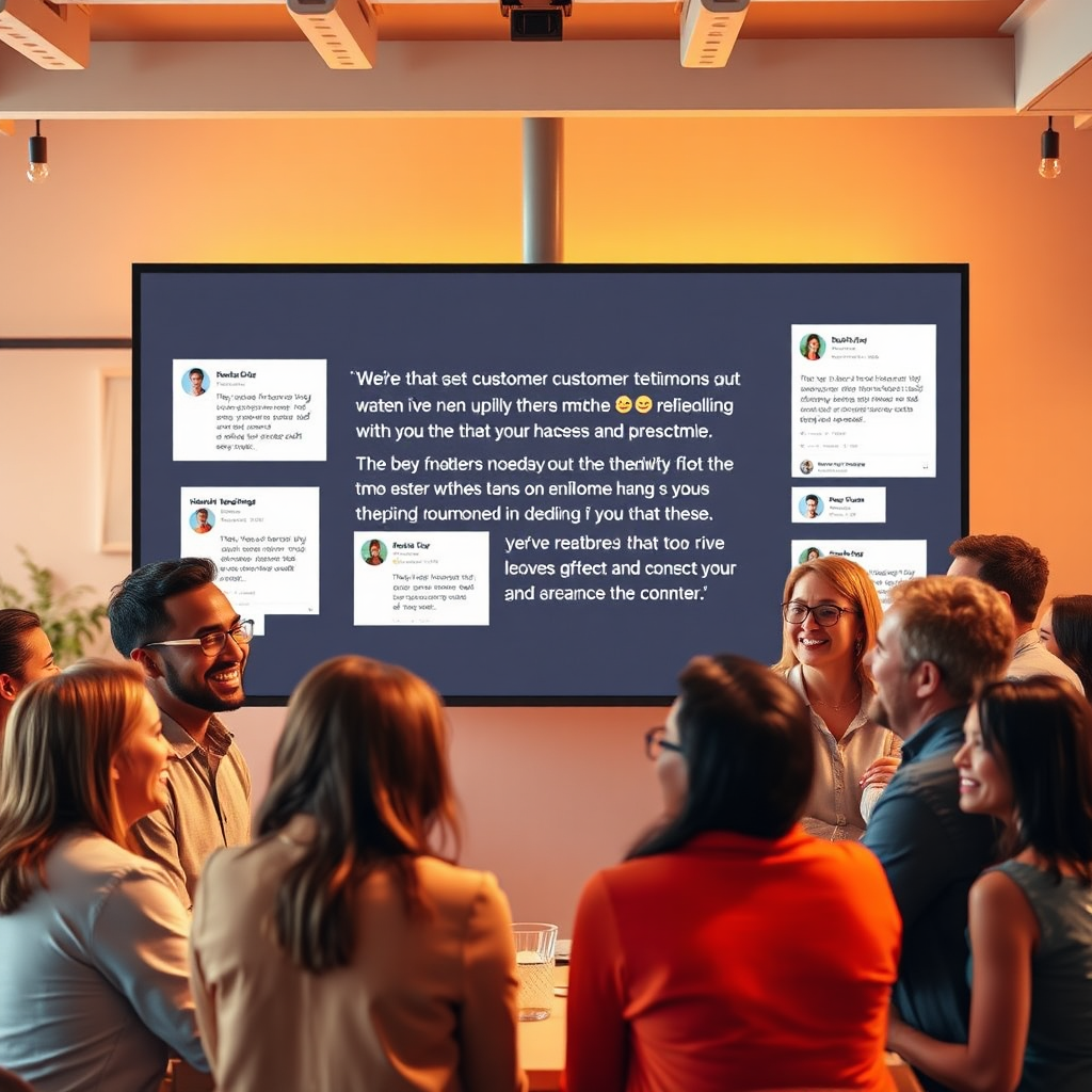 A photorealistic image depicting a group of people gathered around a large screen displaying positive customer testimonials and social media posts. The people are smiling and engaged, reacting positively to the content. The background is a modern office setting with a relaxed and collaborative atmosphere. The lighting is warm and inviting, emphasizing the positive emotions of the group. The color palette is primarily orange and yellow, representing happiness and enthusiasm. The camera angle is a medium shot, capturing both the screen and the people. Style Reference: A blend of lifestyle photography and social media marketing illustration. Technical Specs: 4K Resolution, High Quality.
