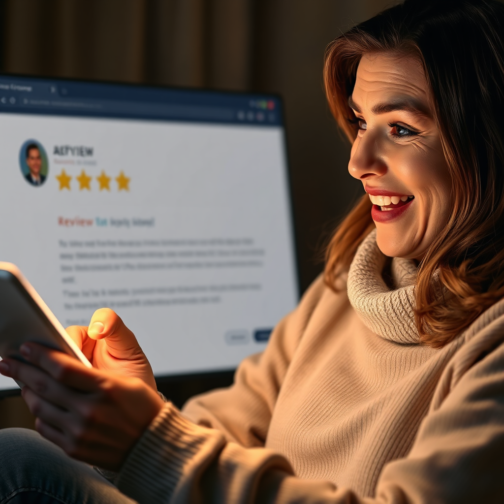 A photorealistic image depicting a customer reading a glowing review on a website. The customer has a surprised and delighted expression. Focus on the review itself being highlighted, and the overall composition suggesting newfound trust and positivity. Soft, warm lighting. 4K resolution, high quality.