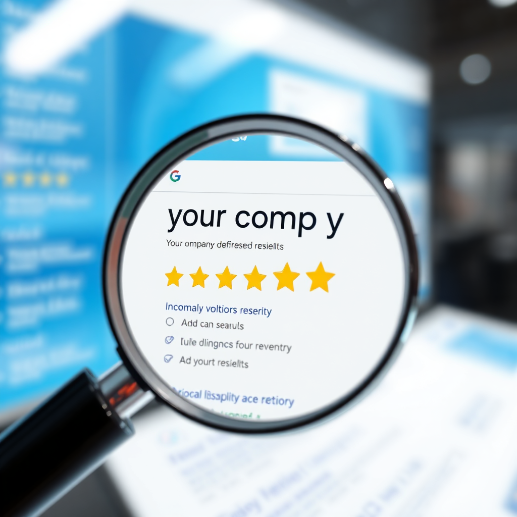 A photorealistic image depicting a magnifying glass hovering over a search engine results page (SERP). The results for 'your company' are prominently displayed at the top, with glowing stars highlighting positive reviews. The background is a clean, modern design with subtle animations. The lighting is bright and clear, emphasizing the visibility of the search results. The color palette is primarily blue and white, with pops of color highlighting key elements. The camera angle is a close-up, focusing on the details of the SERP. Style Reference: A blend of digital illustration and UI design. Technical Specs: 4K Resolution, High Quality.