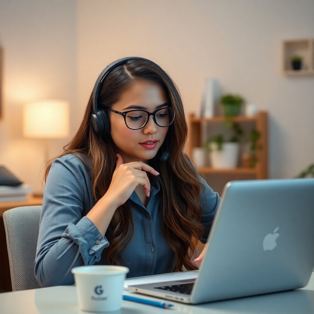 A photorealistic image depicting a customer service representative thoughtfully responding to online reviews. The environment should be calming. The camera angle should be over-the-shoulder.