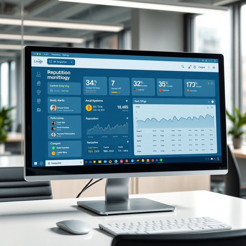 A photorealistic image of a computer screen displaying a reputation monitoring dashboard with real-time data and alerts. The setting is a modern office environment. The focus is on the clarity and accessibility of the information. Style: blend stock photography with UI/UX design elements. 4K resolution, high quality.