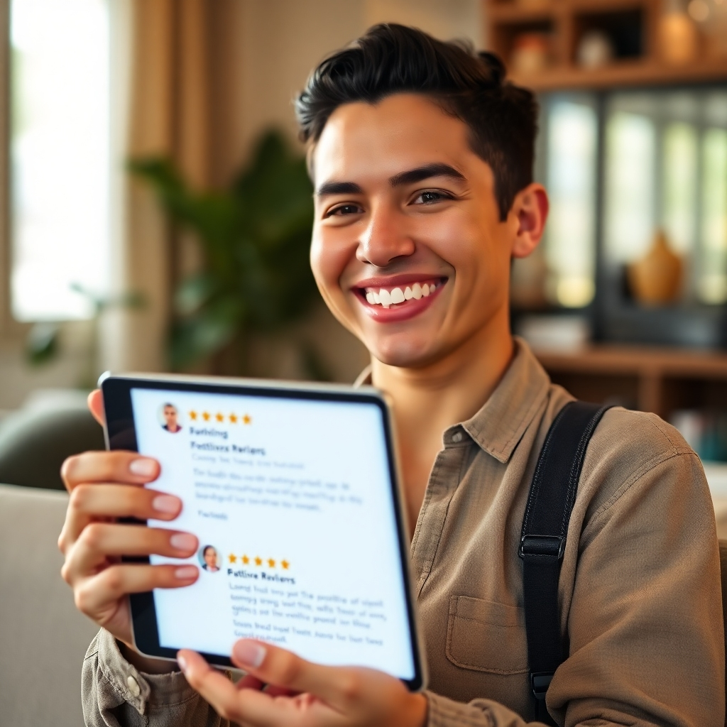  A photorealistic image of a customer smiling, holding a digital device with glowing positive reviews displayed on the screen. Create a warm and friendly atmosphere. The lighting should be soft and natural. The focus should be on the customer’s genuine happiness and satisfaction.