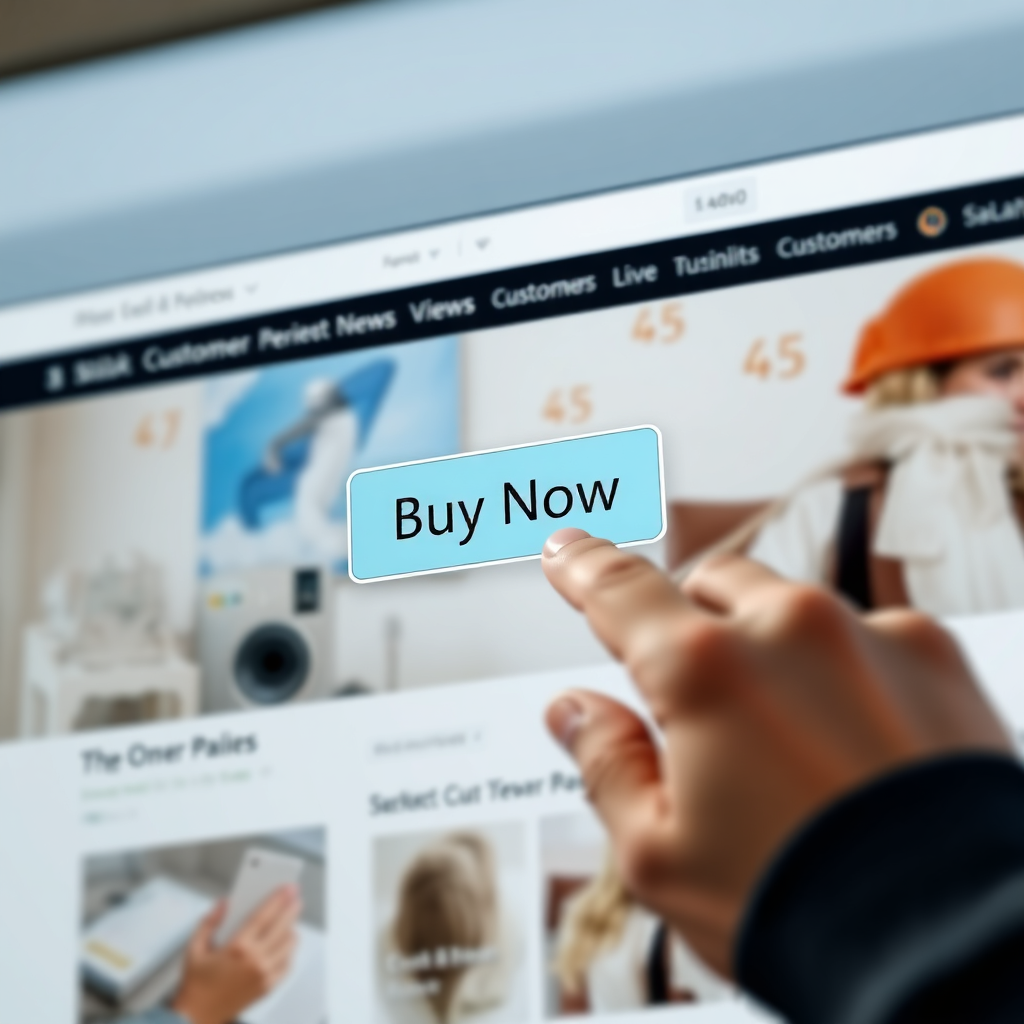 A photorealistic image of a customer clicking a 'Buy Now' button on a website, surrounded by positive customer reviews. The background is a clean and modern design. Technical specs: 4K resolution, high quality.
