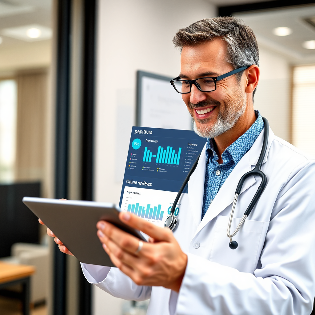 A photorealistic image of a doctor or therapist reviewing their online reputation dashboard on a tablet. The screen should display positive reviews and key performance indicators related to online reputation. The setting is a modern, well-lit office. The focus is on the doctor's expression of satisfaction and confidence. Style: blend stock photography with UI/UX design elements. 4K resolution, high quality.
