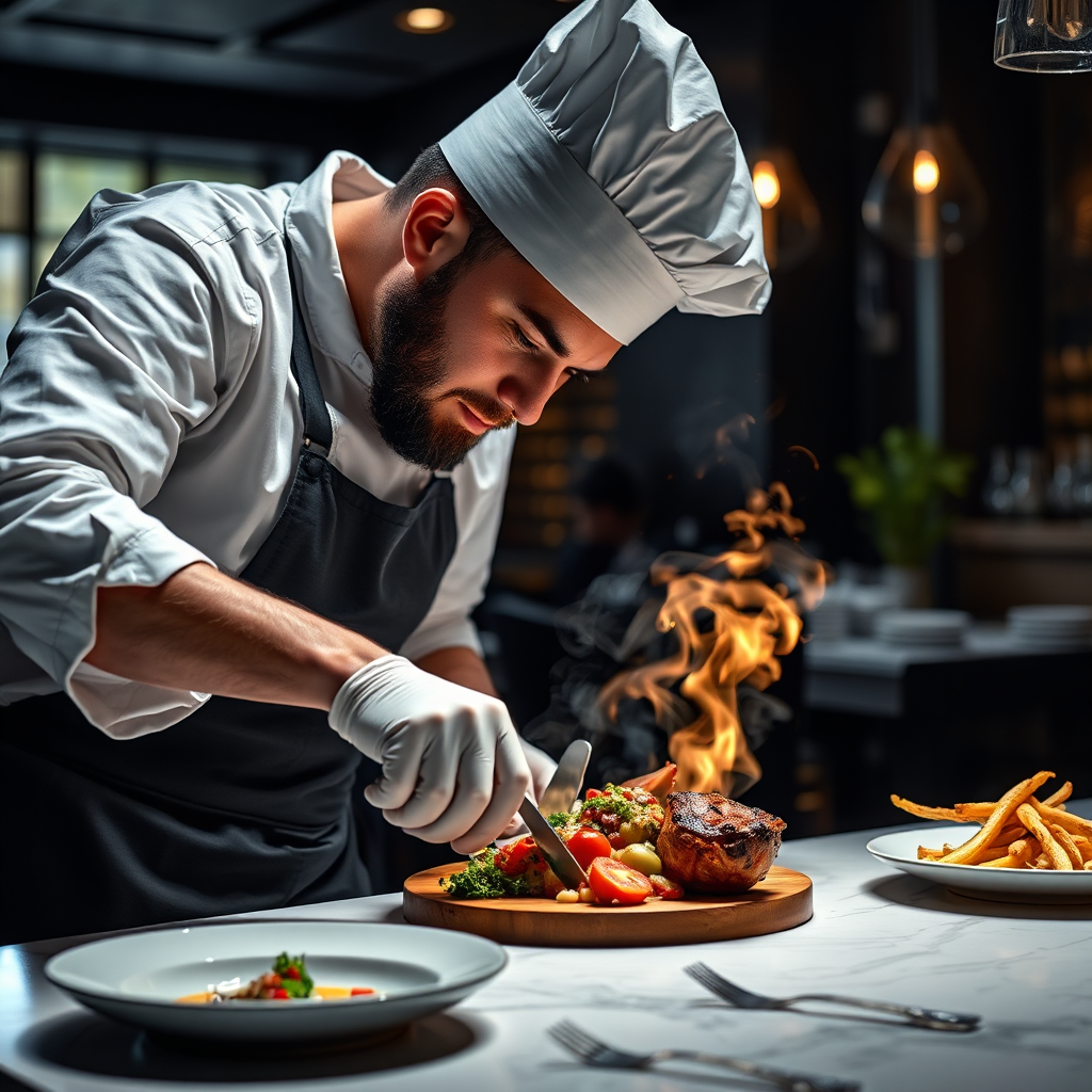 A photorealistic image of a gourmet chef preparing a visually stunning dish in a high-end restaurant. The lighting should be dramatic, highlighting the textures and colors of the food. 4K resolution, high detail.