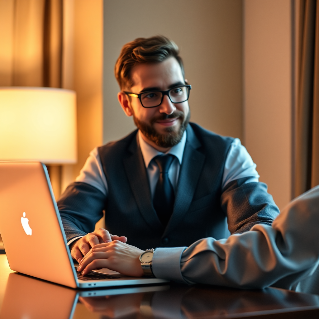 A photorealistic image of a hotel manager responding to an online review on a laptop. The tone of the response should be friendly and helpful. Warm, inviting lighting, conveying a sense of transparency and authenticity. 4K resolution, high detail.
