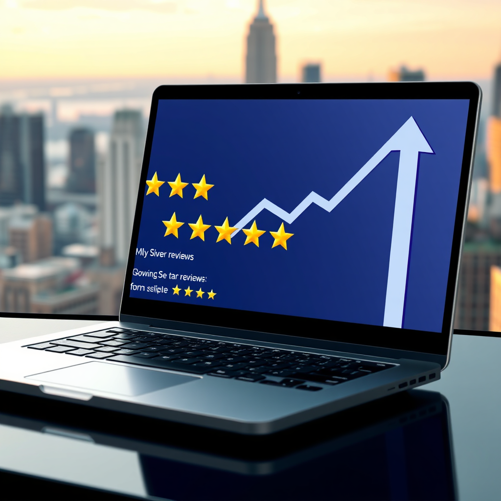 A photorealistic image of a laptop screen displaying a collection of glowing five-star reviews, with arrows pointing upwards, symbolizing growth. The background is a blurred cityscape, representing a thriving business environment. Technical specs: 4K resolution, high quality.