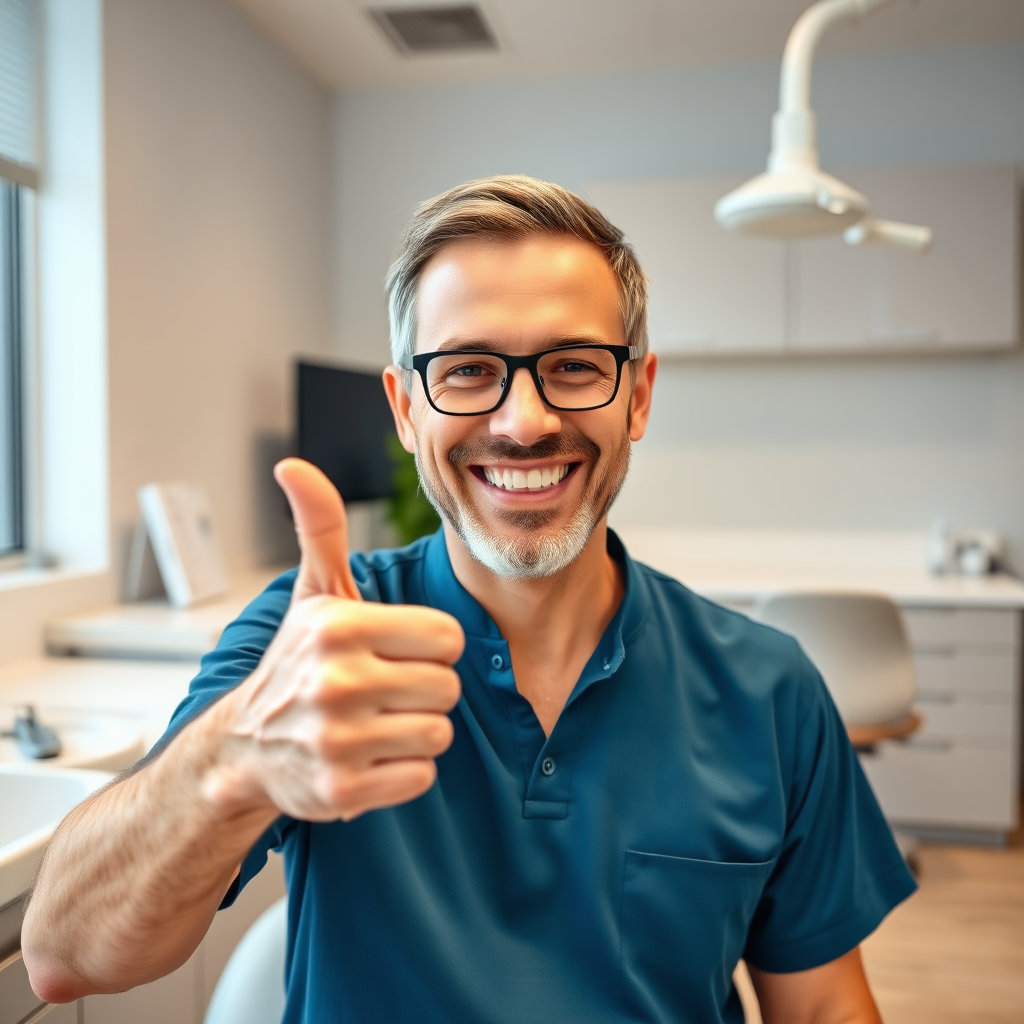 A photorealistic image of a patient giving a thumbs up after a successful treatment. The setting should be a modern, clean clinic environment. The focus is on the patient's genuine smile and expression of satisfaction. Style: blend stock photography with natural lighting. 4K resolution, high quality.