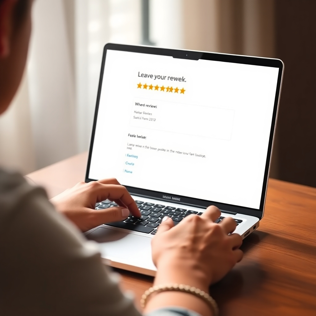 A photorealistic image of a person using a laptop to leave a positive review on a feedback page. Use lighting to highlight the act of submitting the review. The overall style should be friendly and inviting.