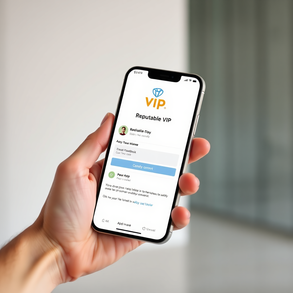 A photorealistic image of a smartphone displaying a beautifully designed feedback page with the Reputable VIP logo and branding. The phone is held in a hand against a clean, modern background. Lighting should be soft and natural. Focus on the crispness and clarity of the branded page. Technical specs: 4K resolution, high quality.
