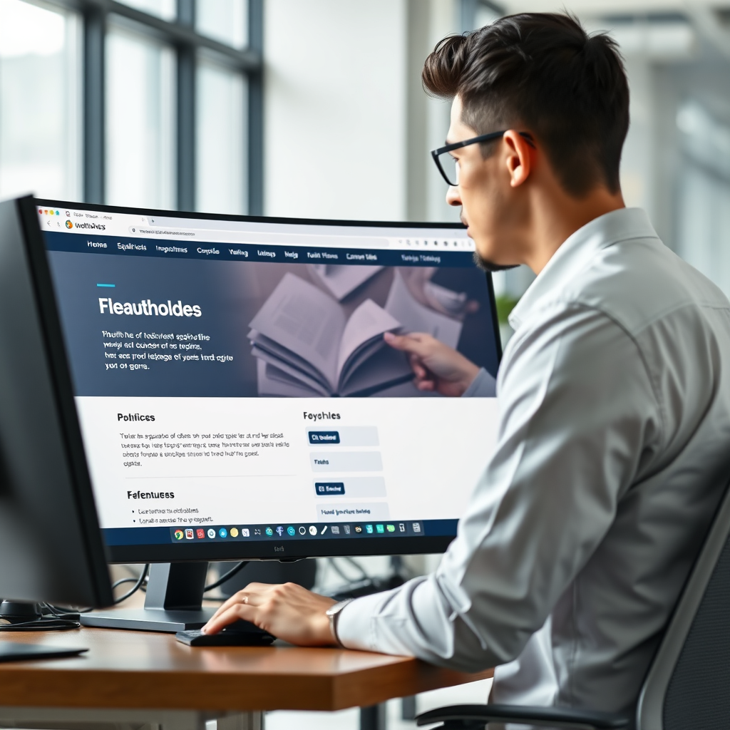 A photorealistic image of a web designer working on a clean, modern feedback page design on a large monitor. The background is a bright and airy office space. Technical specs: 4K resolution, high quality.
