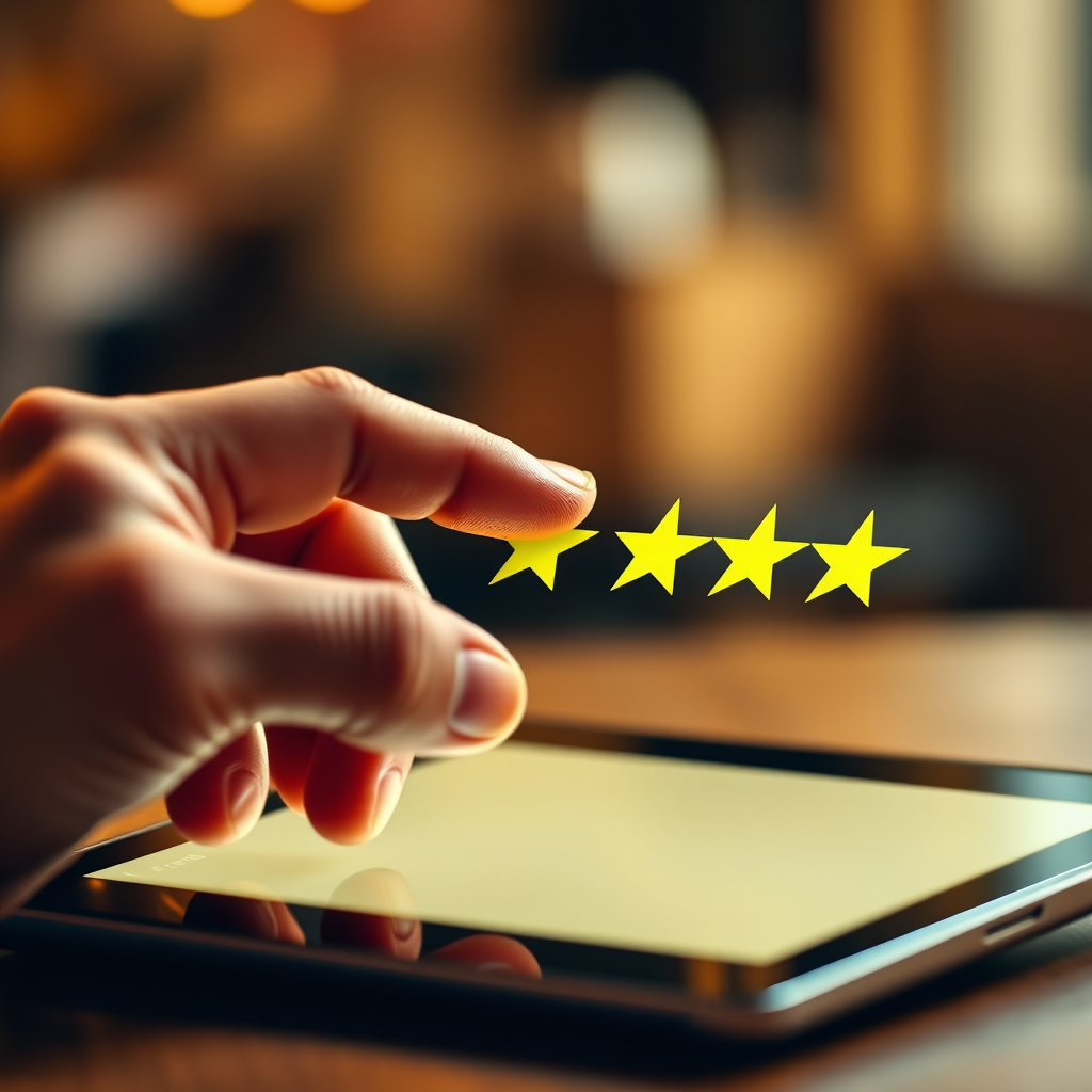 A photorealistic image showcasing a hand selecting a 5-star review on a tablet, symbolizing the importance of positive feedback. The background is blurred, highlighting the tablet and the review itself. The color palette is warm and inviting, with a focus on gold and yellow. The camera angle is a close-up, emphasizing the hand and the tablet. Texture details are realistic, from the texture of the tablet screen to the texture of the hand. Style Reference: Product photography with a touch of lifestyle imagery. Technical Specs: 4K Resolution, High Quality.