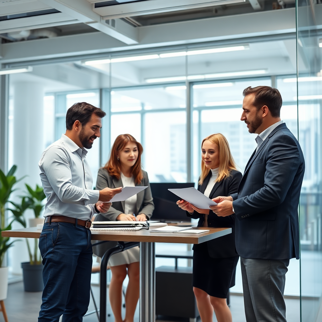 A photorealistic image showing a team of experts collaborating to develop personalized reputation management strategies for a health and wellbeing practice. The setting should be a modern office environment. The focus is on the team's dedication and expertise. Style: blend stock photography with professional atmosphere. 4K resolution, high quality.