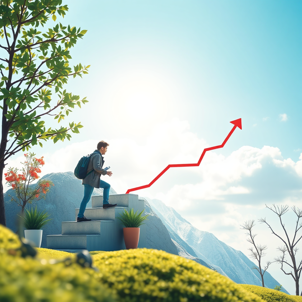 A photorealistic image showing a health and wellbeing business climbing to the top of search engine results. The scene should be bright and optimistic, with a clear visual representation of improved online ranking. Style: blend stock photography with infographic elements. 4K resolution, high quality.