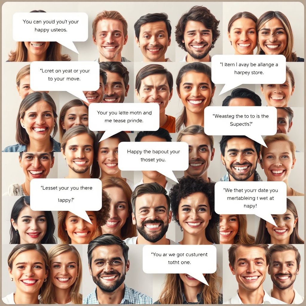 A photorealistic image showing a collage of smiling faces, representing happy customers. Overlaid are speech bubbles containing short, positive testimonials. The background is a soft, neutral color. Technical specs: 4K resolution, high quality.