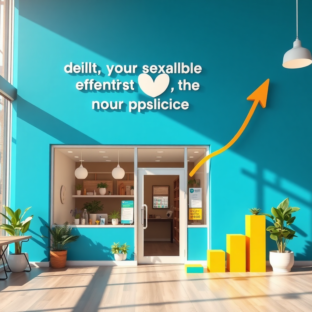 A photorealistic image showing a health and wellbeing practice experiencing significant growth and success due to effective online reputation management. The scene should be bright and optimistic, with a clear visual representation of upward growth. Style: blend stock photography with infographic elements. 4K resolution, high quality.