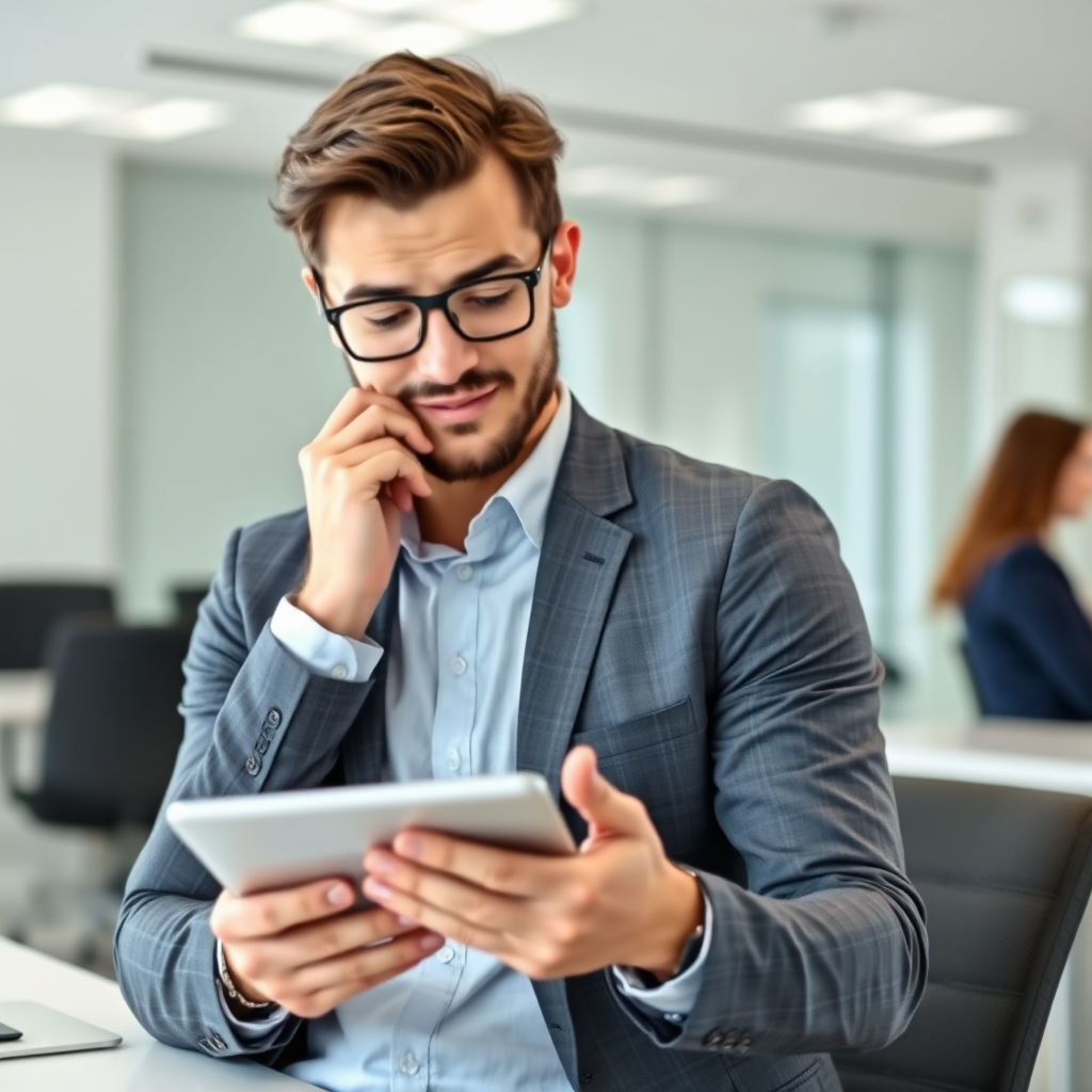 A photorealistic image showing a business professional responding to a customer review on a tablet, with a thoughtful expression. The background is a clean and professional office setting. Technical specs: 4K resolution, high quality.