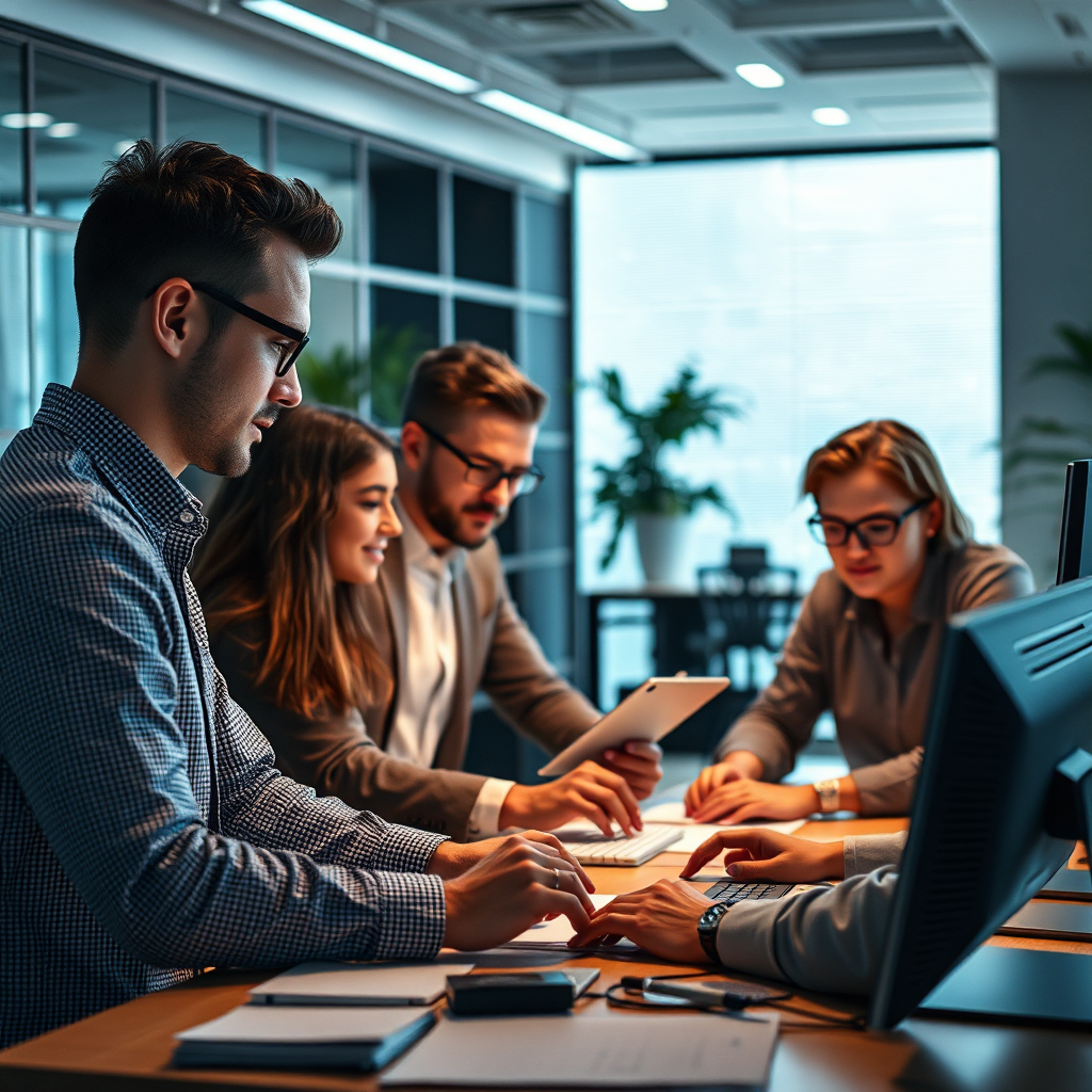 A photorealistic image showing a team of experts working to repair a damaged online reputation. The setting should be a modern office environment. The focus is on the team's dedication and expertise. Style: blend stock photography with professional atmosphere. 4K resolution, high quality.
