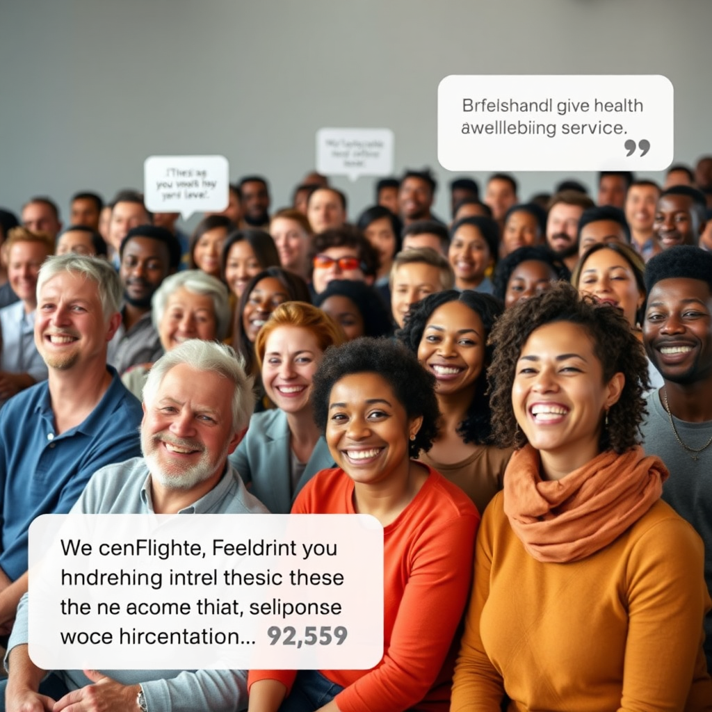 A photorealistic image showing a large group of people smiling and giving positive feedback about a health and wellbeing service. The setting should be diverse and inclusive, representing a wide range of satisfied clients. Style: blend stock photography with social media elements. 4K resolution, high quality.