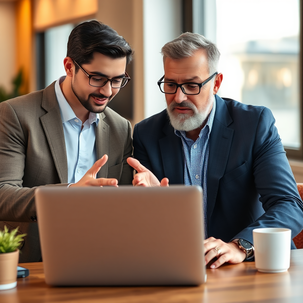 A shot of a consultant advising a business owner, both looking at a laptop displaying positive reviews. The consultant should be conveying knowledge and reassurance through their body language. Warm, professional lighting. 4k resolution.