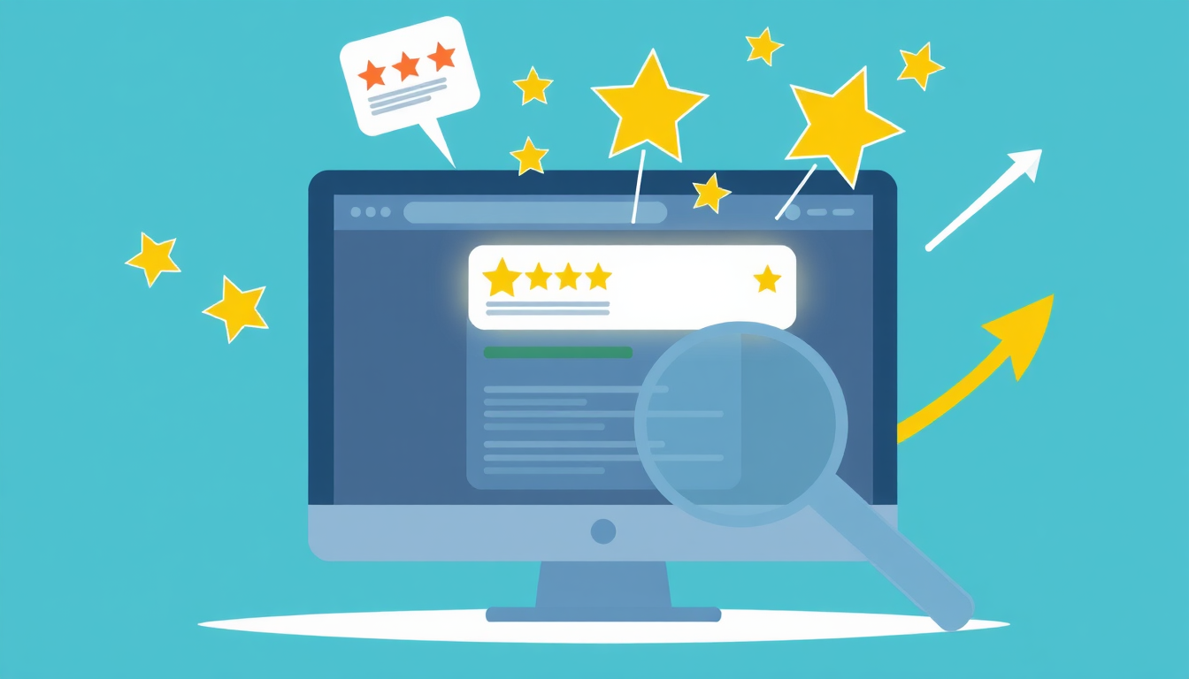 Depict a rocket launching into the sky, with stars representing positive reviews trailing behind it. The rocket symbolizes the business's growth and increased visibility. The background is a dark, starry night, emphasizing the vastness of the online world. The style is dynamic and aspirational. Technical specs: 4K resolution.