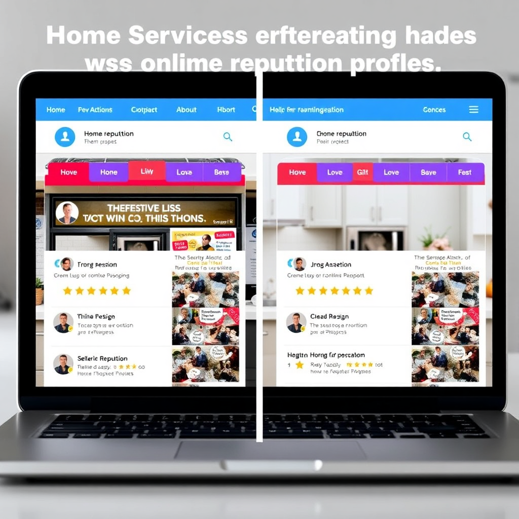 A split-screen image showing a comparison of two home service businesses' online reputation profiles. One side represents a business with a strong reputation, while the other side represents a business with a weaker reputation. Use contrasting colors and visual cues to highlight the differences.