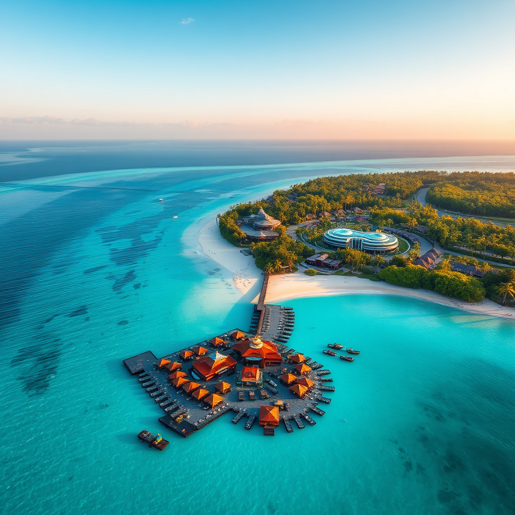 A stunning, photorealistic aerial view of a luxury resort with crystal-clear turquoise waters, pristine beaches, and lush tropical vegetation. The scene should capture the overall beauty and tranquility of the resort. 4K resolution, vibrant colors.