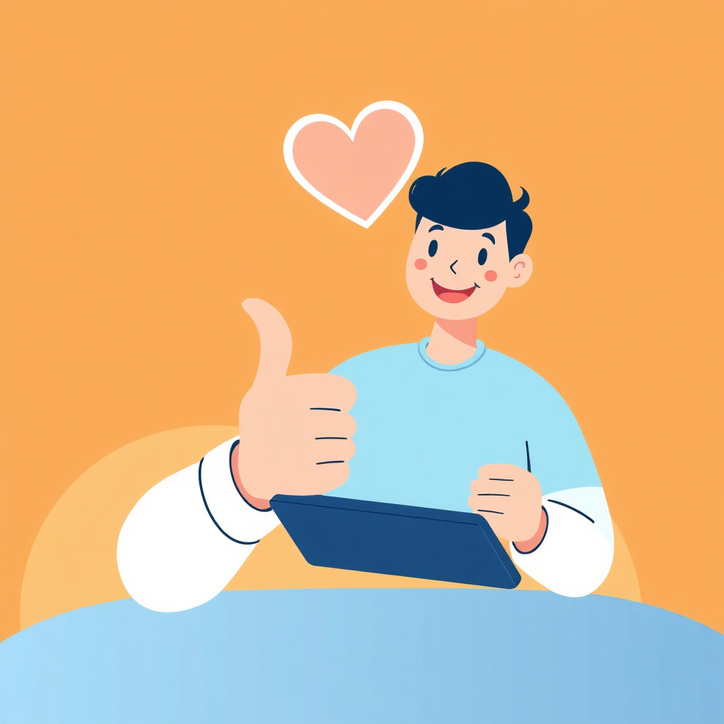 A stylized illustration depicting a customer giving a thumbs up on a tablet, with a heart icon floating above. The background is a warm and inviting color gradient. The overall style is cheerful and optimistic. Technical specs: 4K resolution, high quality.
