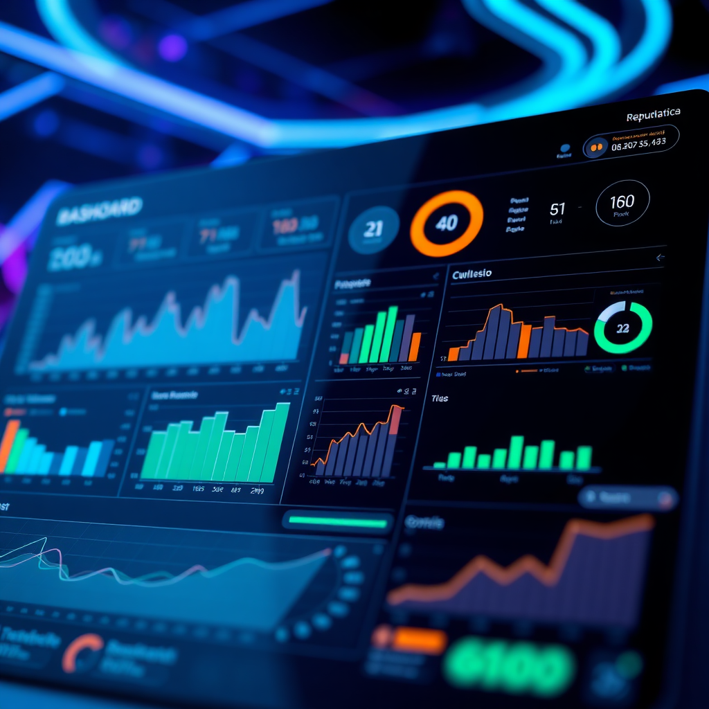 A stylized image depicting a dashboard with various charts and graphs displaying key performance indicators (KPIs) related to reputation management. The dashboard is clean and modern, with clear and concise data visualizations. The background is a dark, futuristic design with glowing lines connecting the different data points. The lighting is cool and sophisticated, emphasizing the technology and the data. The color palette is primarily blue and purple, with pops of green and orange highlighting key insights. The camera angle is a close-up, focusing on the details of the dashboard. Style Reference: A blend of data visualization and business intelligence UI design. Technical Specs: 4K Resolution, High Quality.