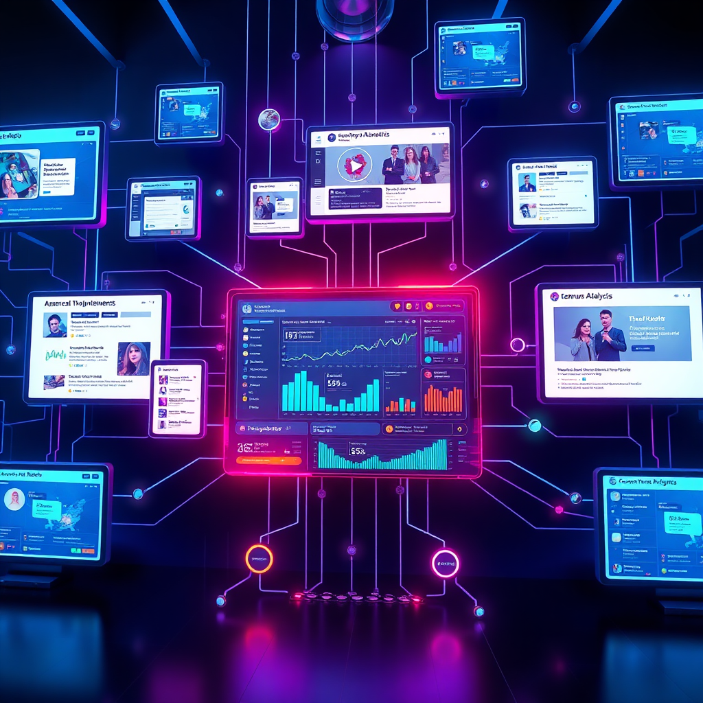 A stylized image depicting a network of interconnected screens displaying social media feeds, news articles, and customer reviews. A central dashboard shows real-time analytics and sentiment analysis. The background is a dark, futuristic design with glowing lines connecting the different screens. The lighting is cool and sophisticated, emphasizing the technology. The color palette is primarily blue and purple, with pops of green and orange highlighting key data points. The camera angle is a wide shot, showing the complexity of the network. Style Reference: A blend of data visualization and sci-fi UI design. Technical Specs: 4K Resolution, High Quality.