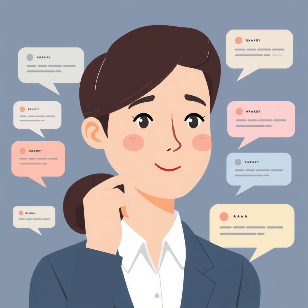 A stylized image depicting a professional responding to an online review with a thoughtful and empathetic expression. The background should feature speech bubbles representing different types of reviews. The color palette should be calming and professional. Style: blend flat illustration with subtle animations. 4K resolution, high quality.